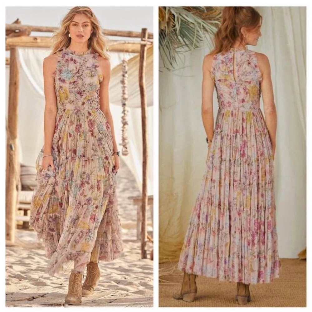 Sundance Jenny Floral Pleated Maxi Dress in Pastel Pink and Yellow